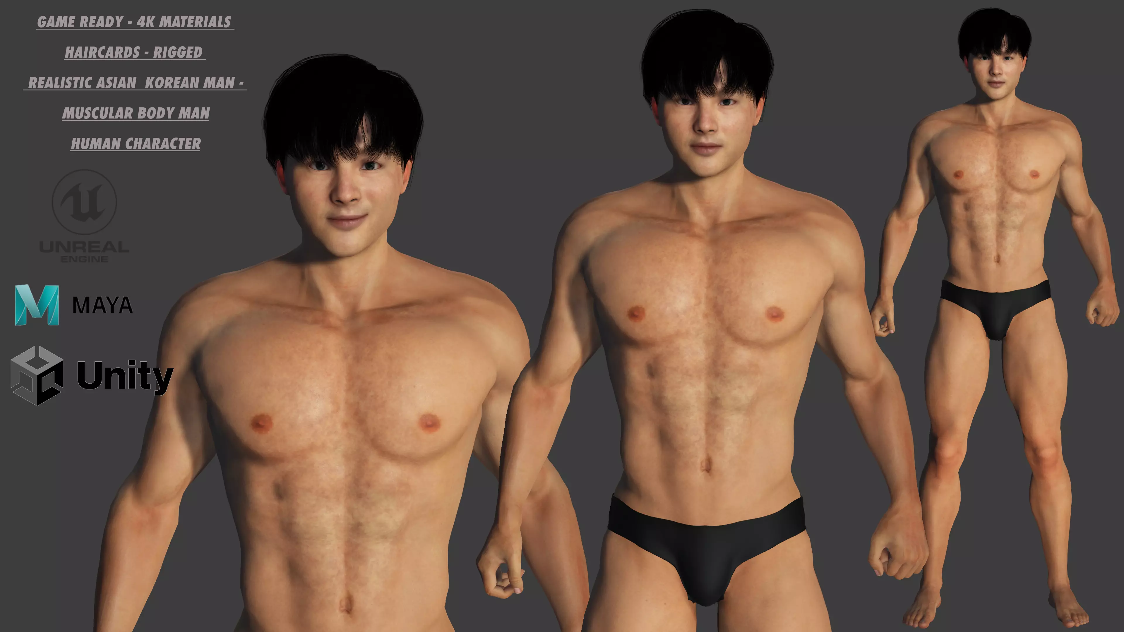 AAA 3D ASIAN KOREAN MUSCULAR MAN - REALISTIC RIG GAME CHARACTER Low-poly 3D model_0