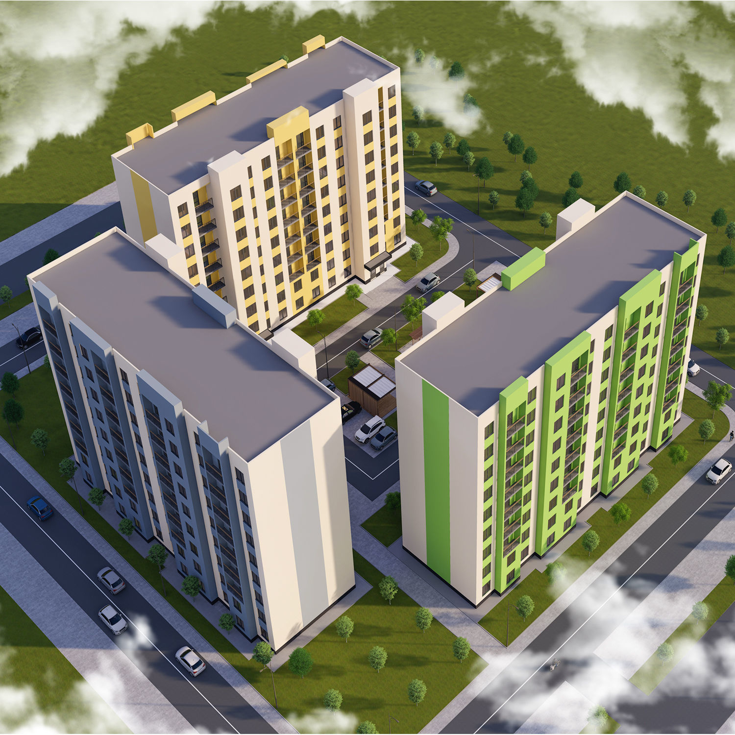 Modern 9-storey residential building and Landscape Low-poly 3D model_2