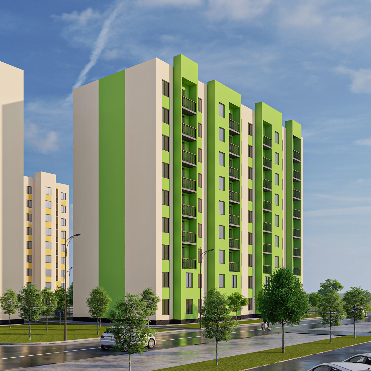 Modern 9-storey residential building and Landscape Low-poly 3D model_3