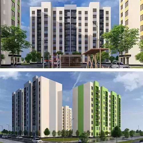 Modern 9-storey residential building and Landscape
