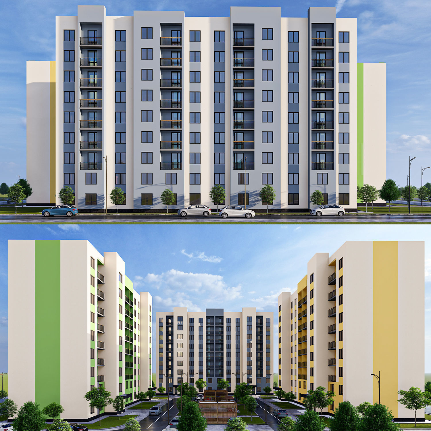 Modern 9-storey residential building and Landscape Low-poly 3D model_5