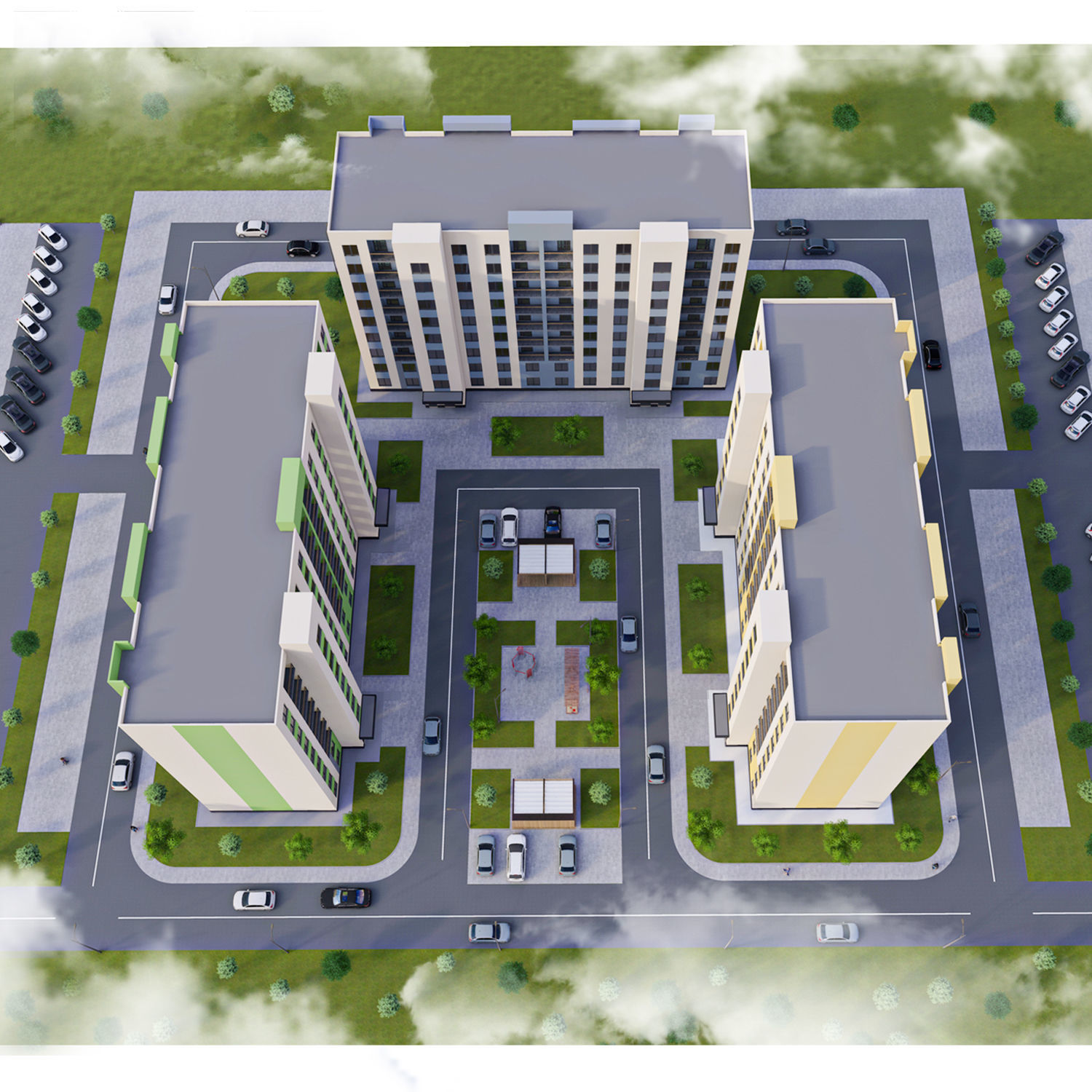 Modern 9-storey residential building and Landscape Low-poly 3D model_1