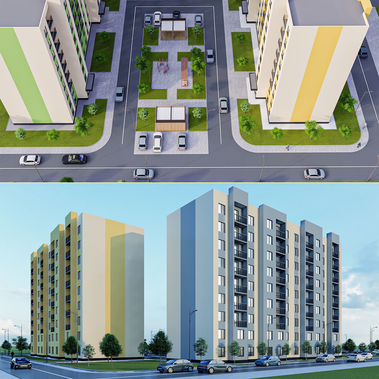 Modern 9-storey residential building and Landscape Low-poly 3D model_4