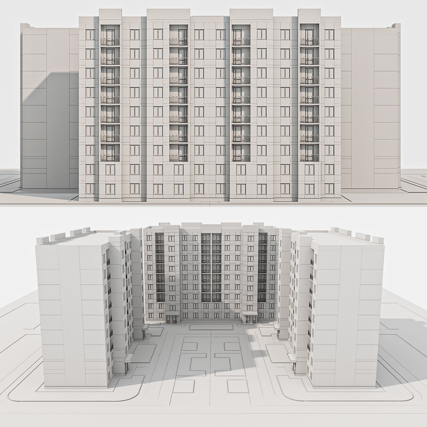 Modern 9-storey residential building and Landscape Low-poly 3D model_6