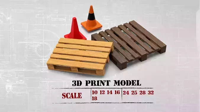 STL printable Wood Pallet  and  Road Safety Cones  3D print model
