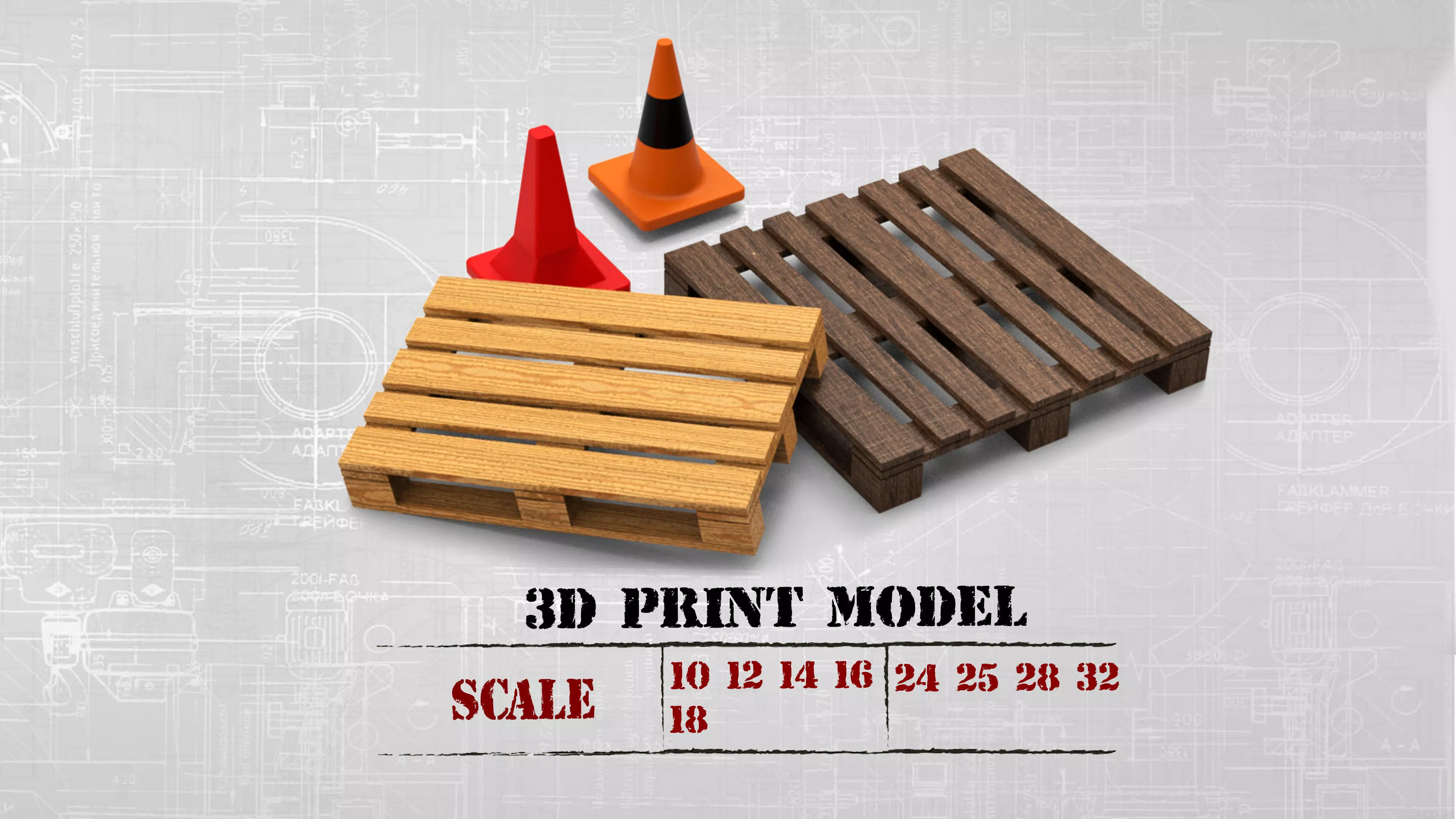 STL printable Wood Pallet and Road Safety Cones 3D print model_0