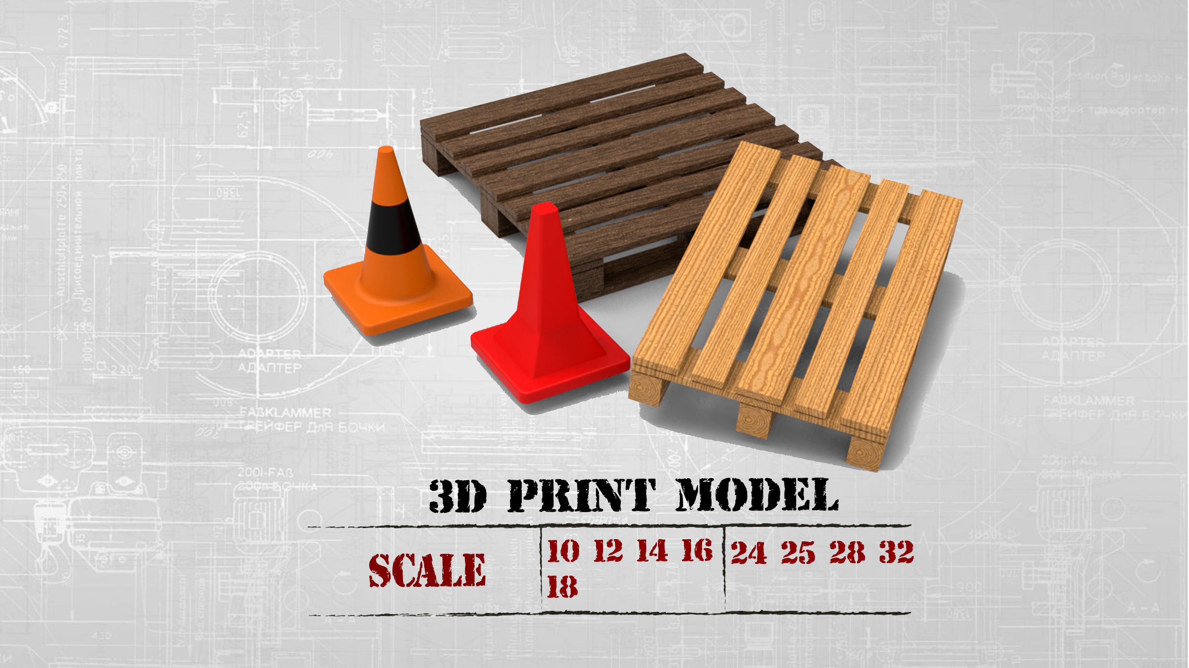STL printable Wood Pallet and Road Safety Cones 3D print model_2