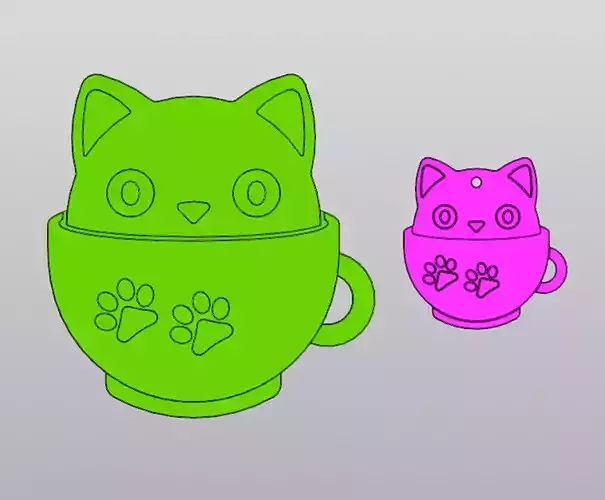 Set 2 models Cup coaster and Keychain Cat in a cup 3D print model