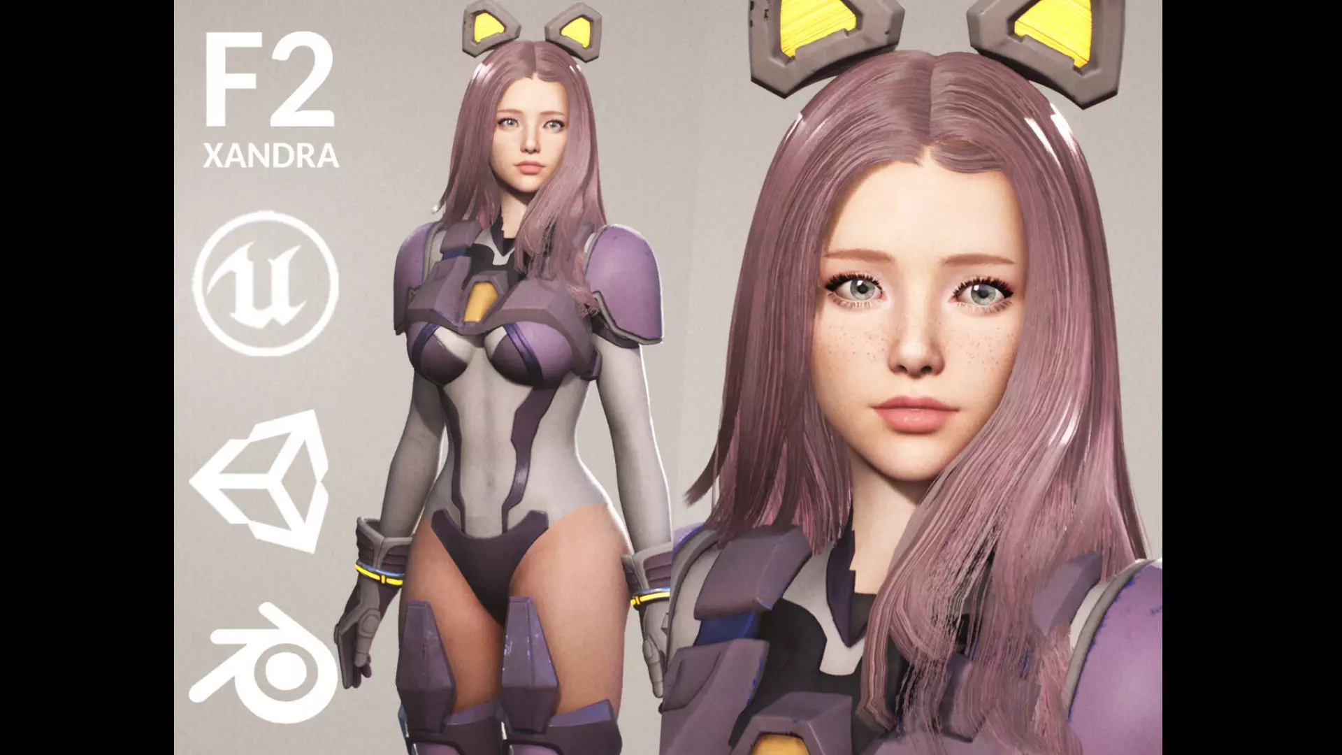 F2 Cyber Girl Celeste - Rigged Animated Modular Game Character Low-poly 3D model_0