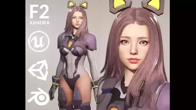 F2 Cyber Girl Celeste - Rigged Animated Modular Game Character Low-poly 3D model