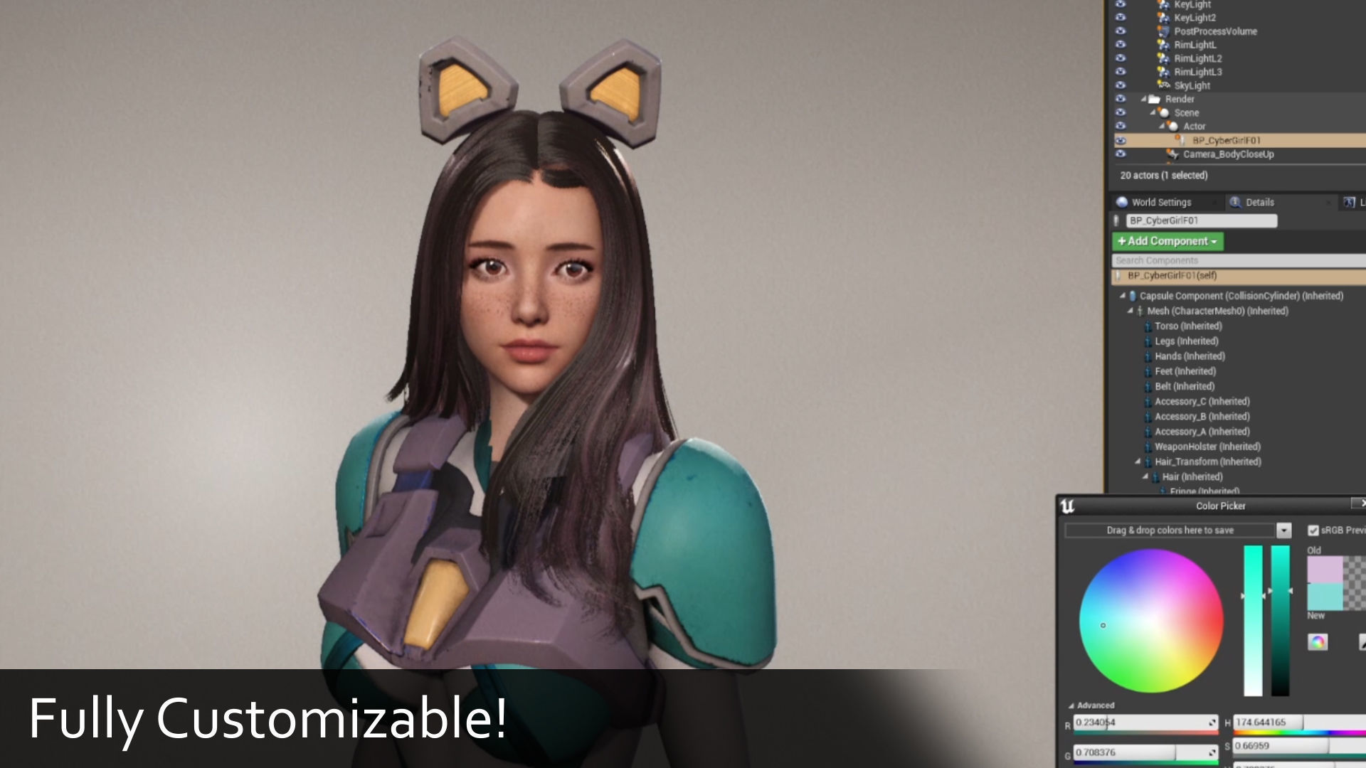 F2 Cyber Girl Celeste - Rigged Animated Modular Game Character Low-poly 3D model_6