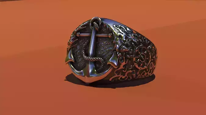 Captains ring with an anchor made of silver for 3D printing