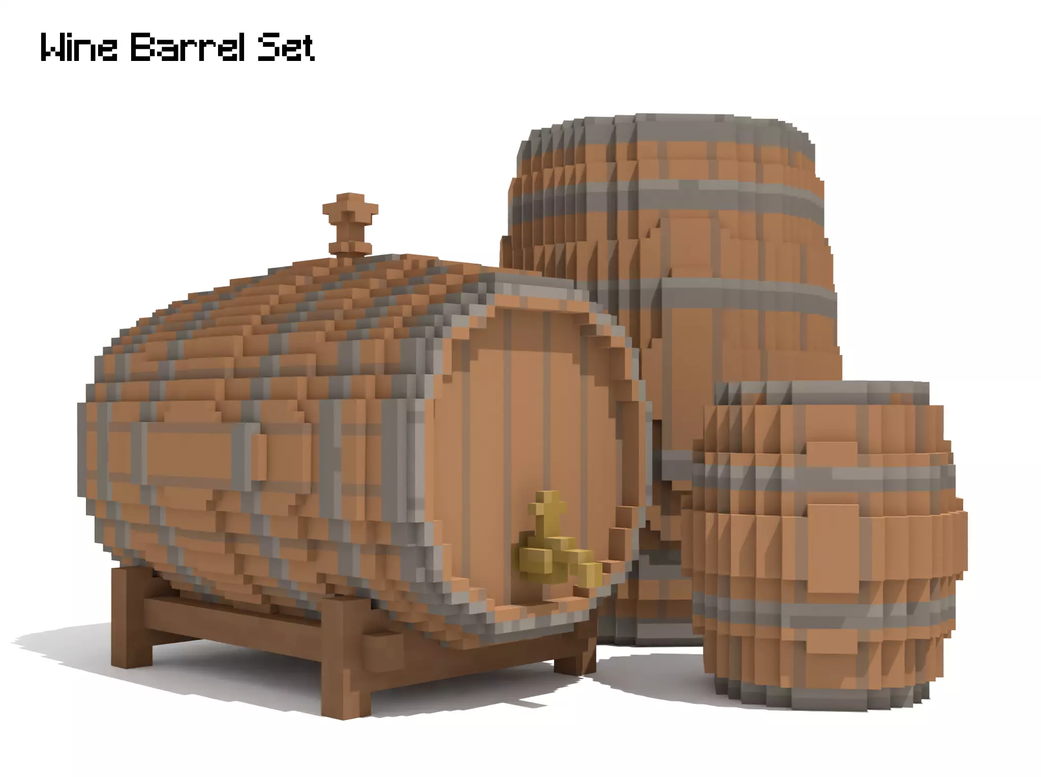 Voxel Wooden Wine Barrel Collection 3D model_0