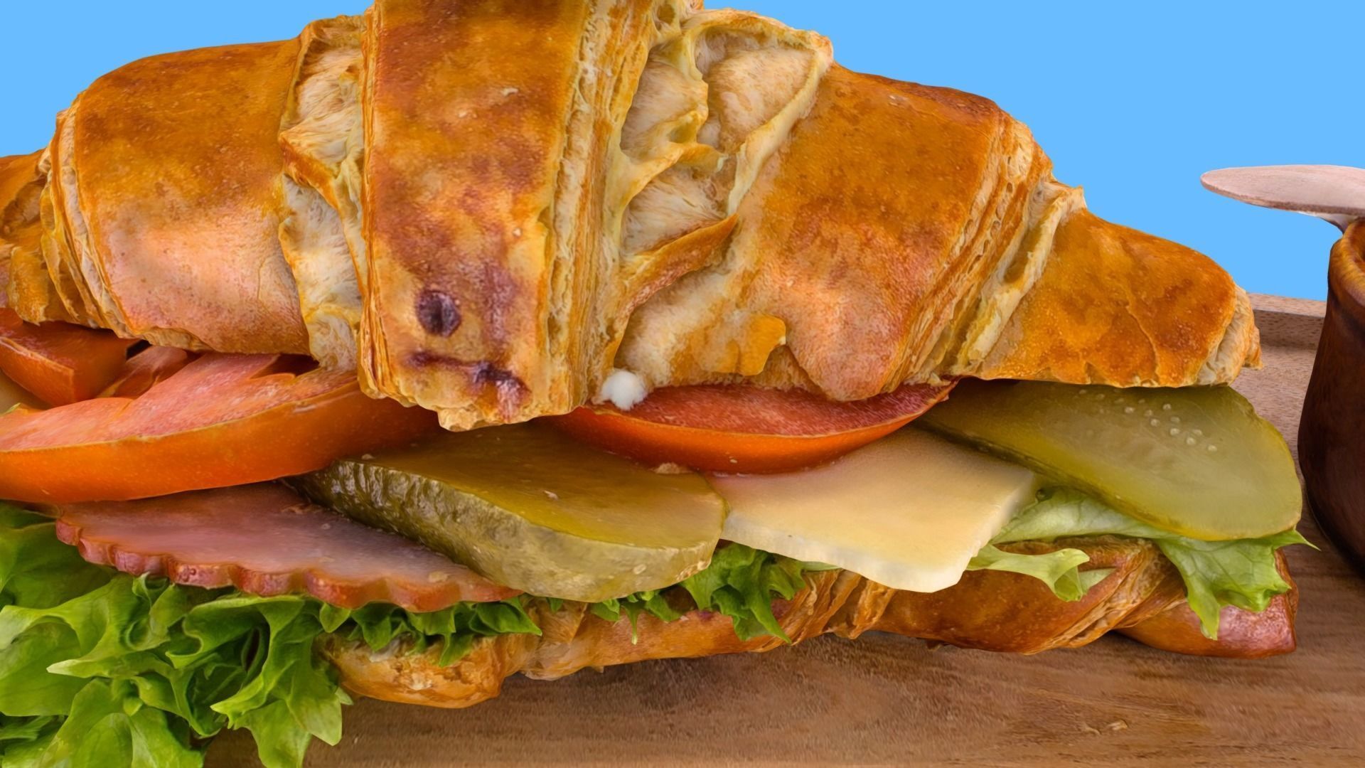 Croissant with tomato pickled cucumber greens and sausage 3D model_16