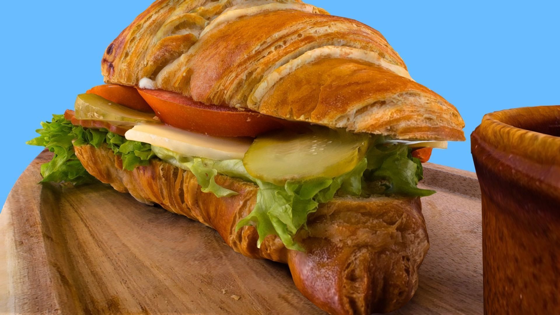 Croissant with tomato pickled cucumber greens and sausage 3D model_8