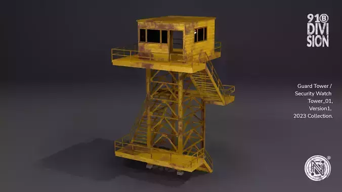PBR Low Poly Guard Tower Security Watch Tower Yellow Rusted