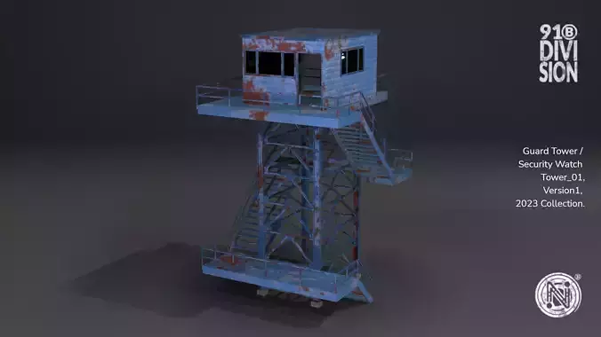 PBR Low Poly Guard Tower Security Watch Tower Blue Rusted
