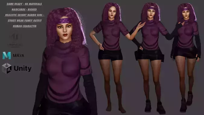AAA 3D SKINY CURVY BARBIE STREET WEAR-REALISTIC RIGGED CHARACTER Low-poly 3D model