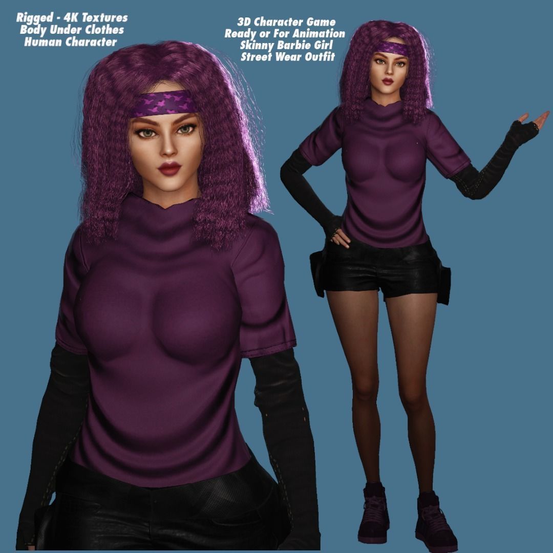 AAA 3D SKINY CURVY BARBIE STREET WEAR-REALISTIC RIGGED CHARACTER Low-poly 3D model_1