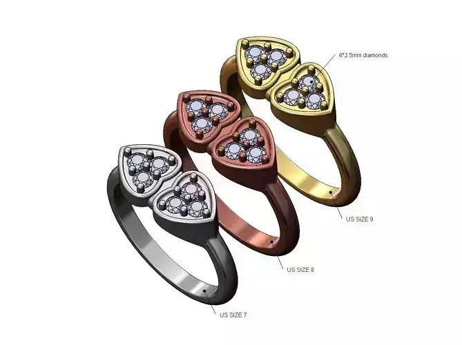 Double diamond heart fashion ring US sizes 7 8 9