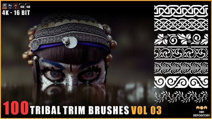 100 Tribal Trim Brushes - Border Pattern - Roll Brush - VOL 03 Texture