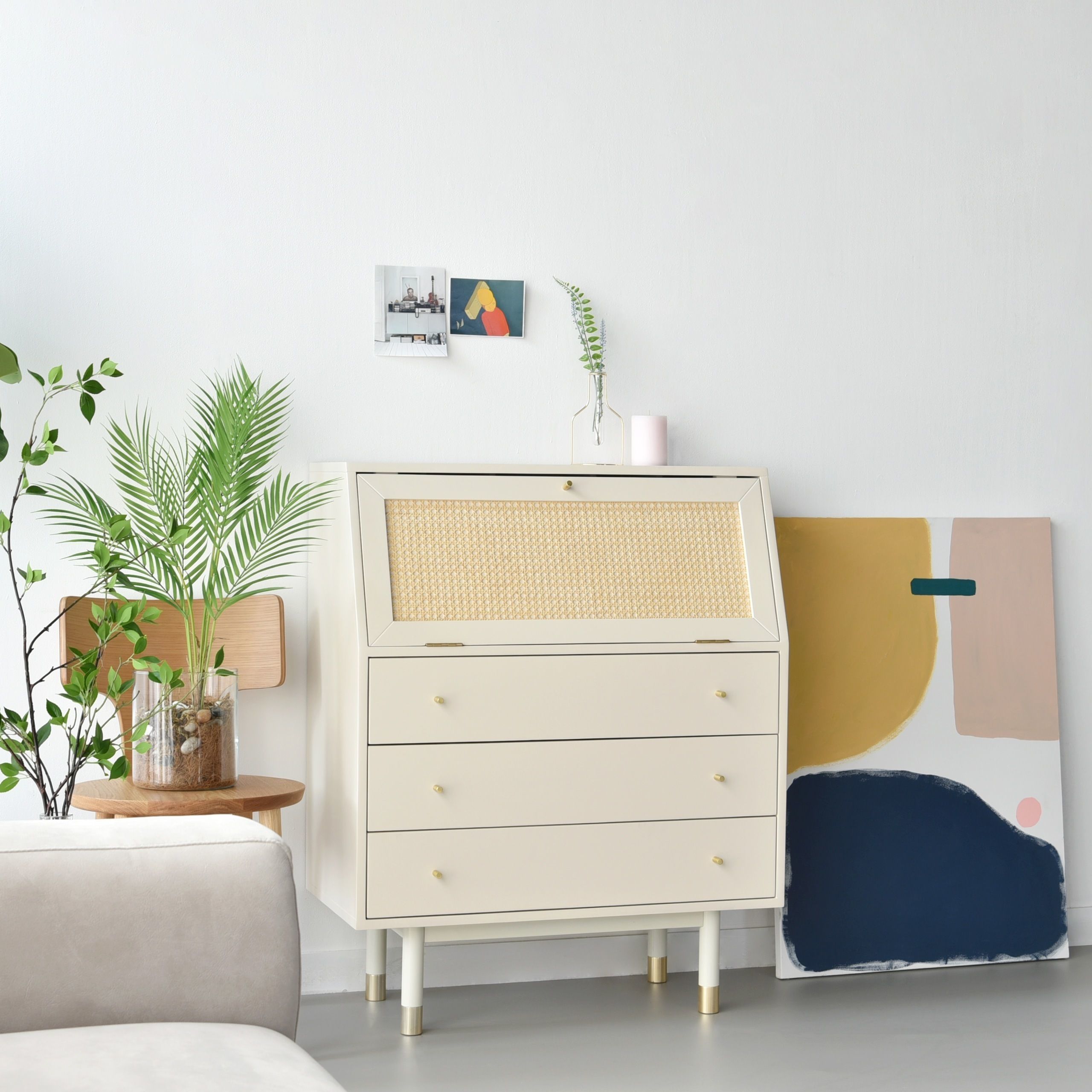 Bund Woody White Rattan 3-Drawer Dresser 3D model_1