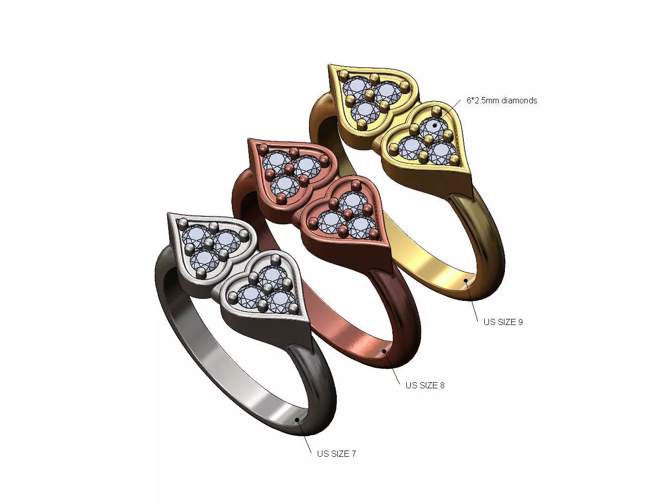 Double pinched heart diamond ring US sizes 7 8 9 3D print model