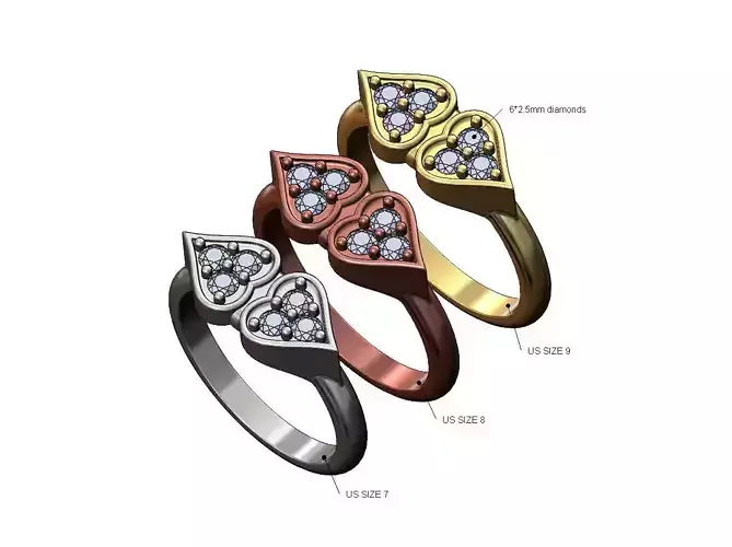 Double pinched heart diamond ring US sizes 7 8 9 