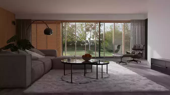 Living room with bamboo blinds 3D model