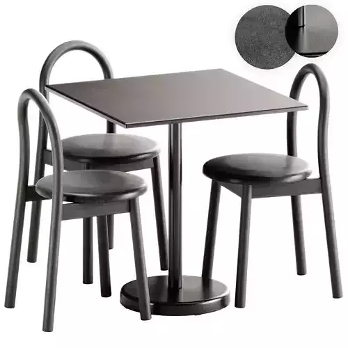 Bobby Upholstered Chair and Linear Steel Cafe Table by Muuto