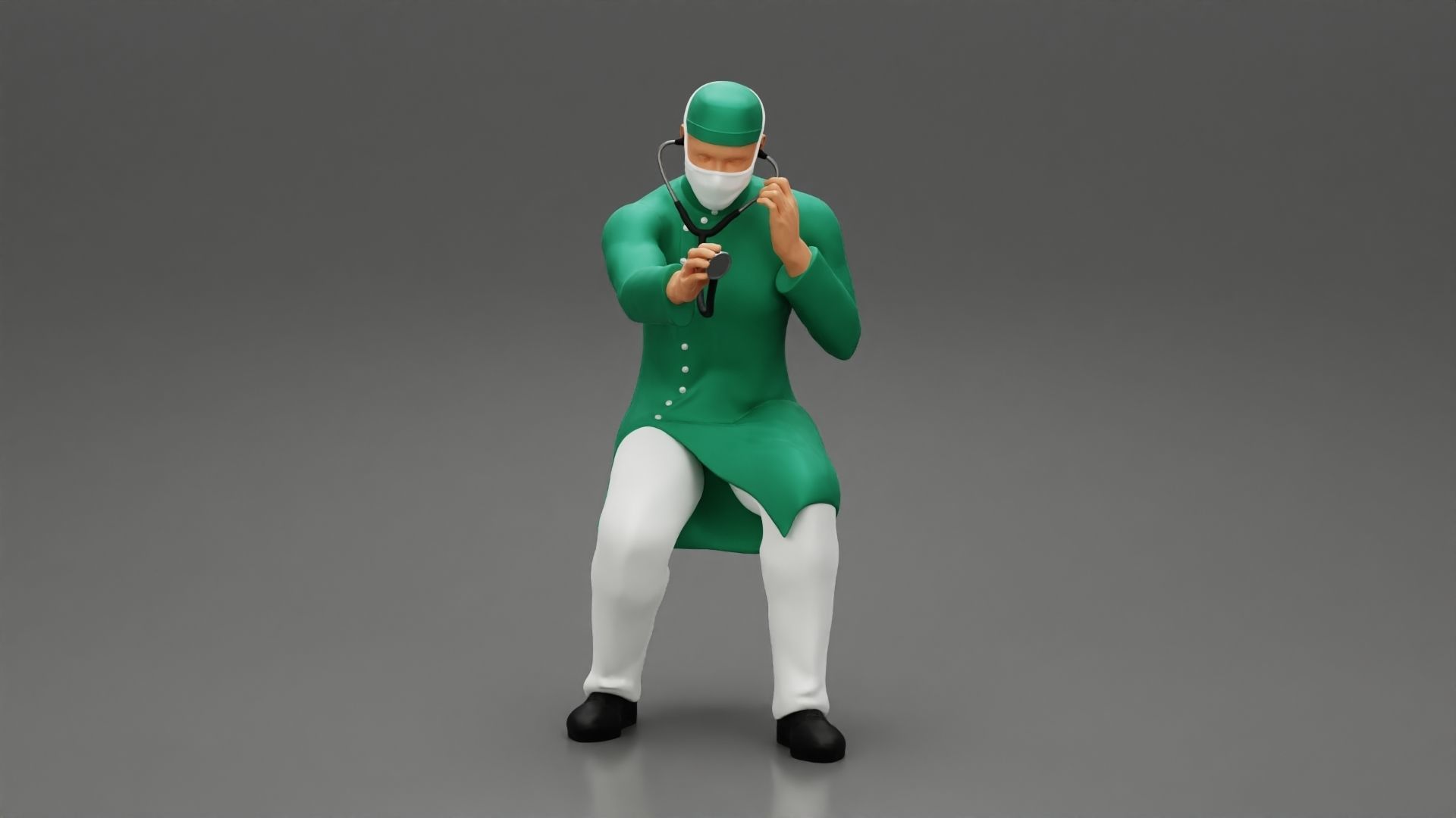 Doctor sitting examining a patients condition with a stethoscope 3D print model_1