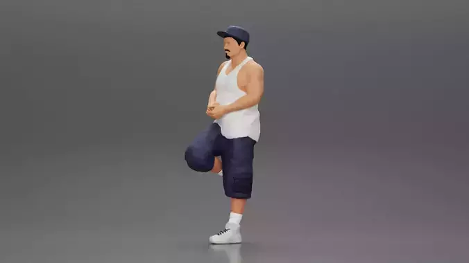 gangster in cap short standing in one leg leaning against car