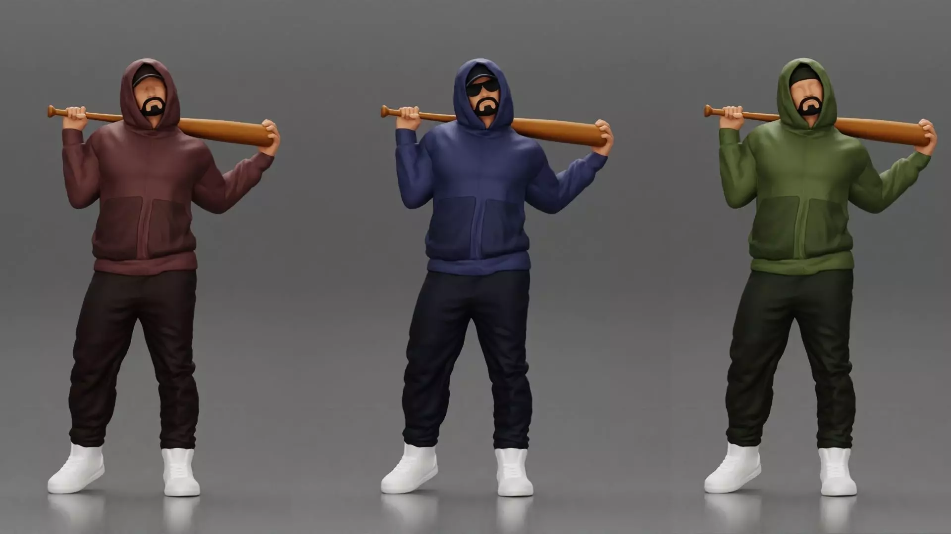 3 models Gangster in hoodie holding Baseball Bat on his shoulder 3D print model
