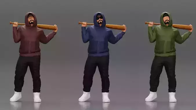 3 models Gangster in hoodie holding Baseball Bat on his shoulder 3D print model