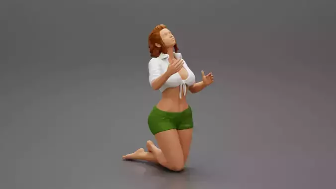 Sexy girl in mini shirt and jean shorts sitting on her knees