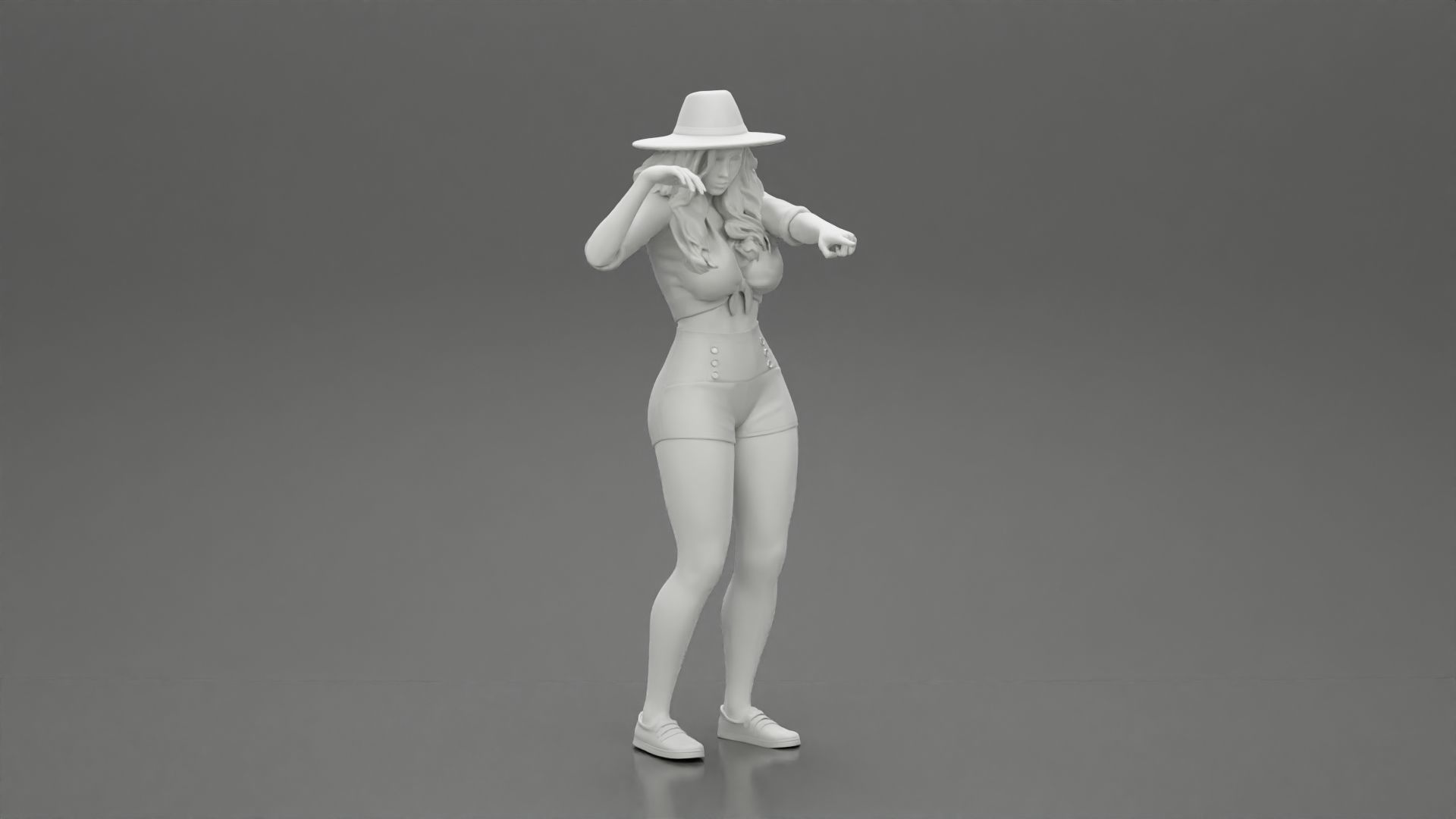 Travel woman in hat and short pointing her next destination 3D print model_7