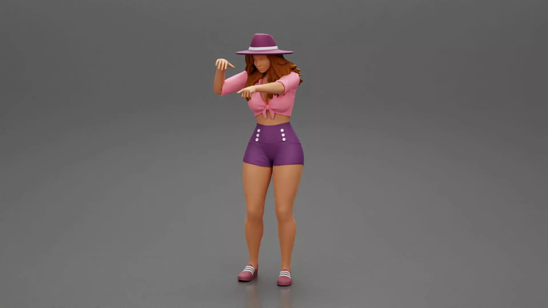 Travel woman in hat and short pointing her next destination 3D print model_0