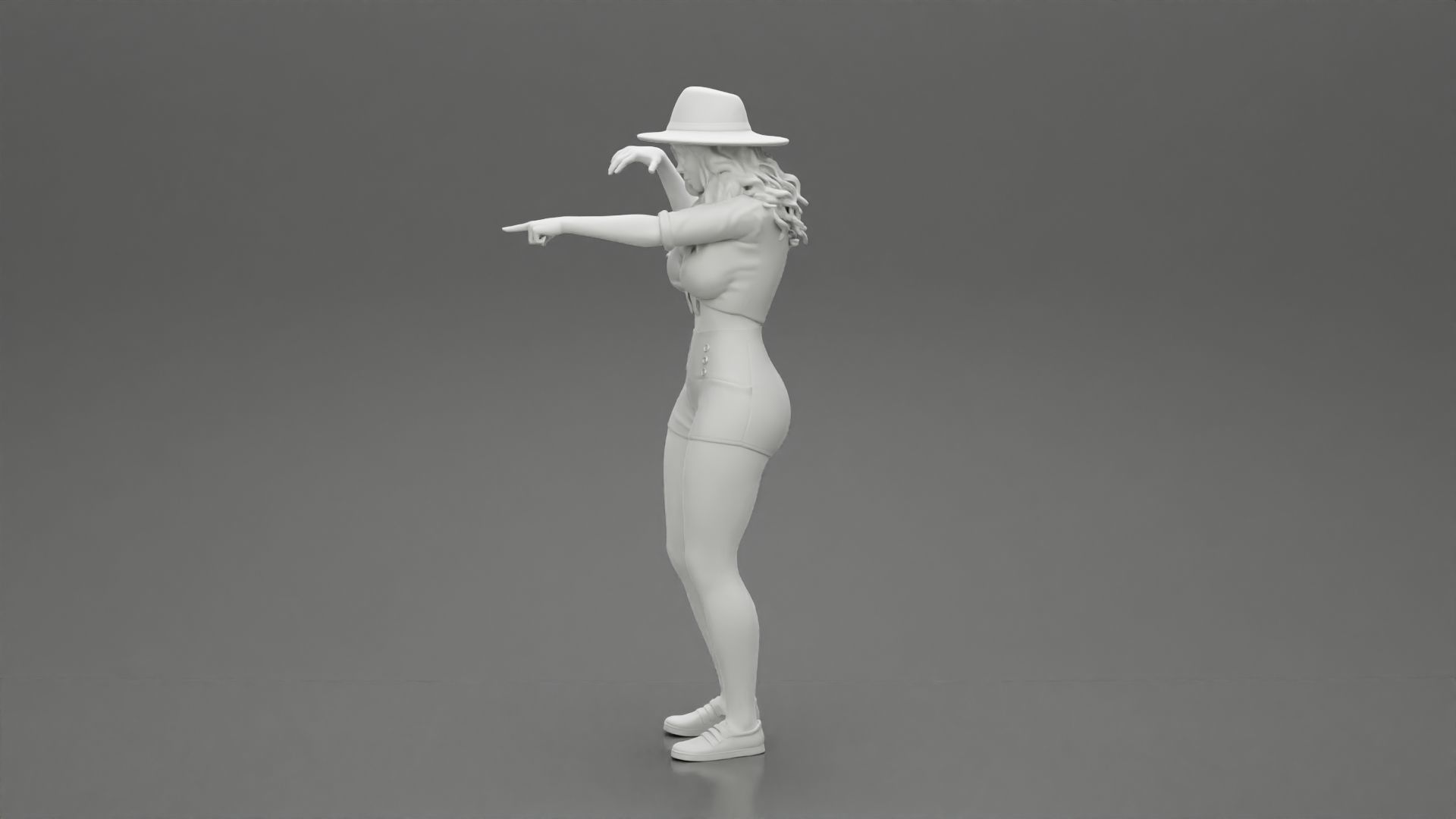 Travel woman in hat and short pointing her next destination 3D print model_11