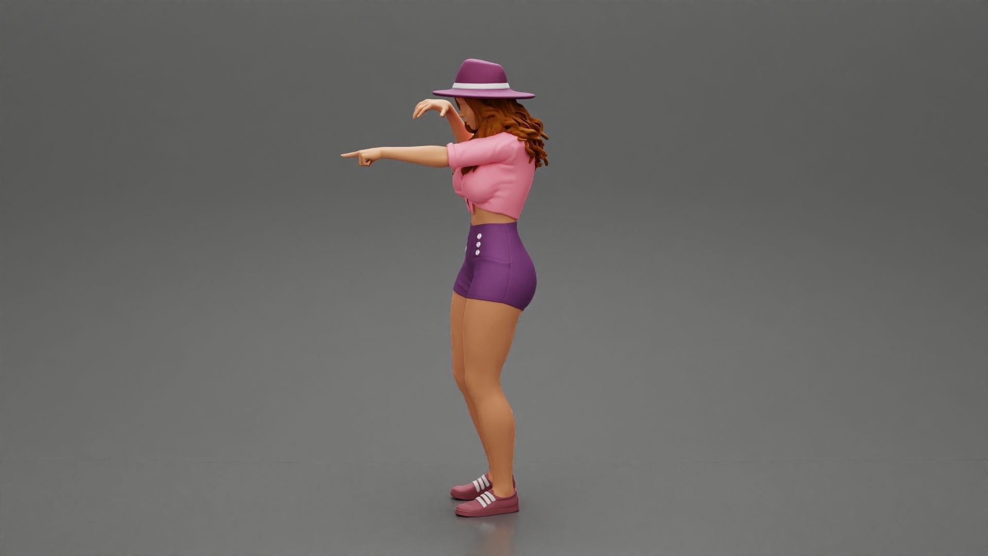 Travel woman in hat and short pointing her next destination 3D print model_5