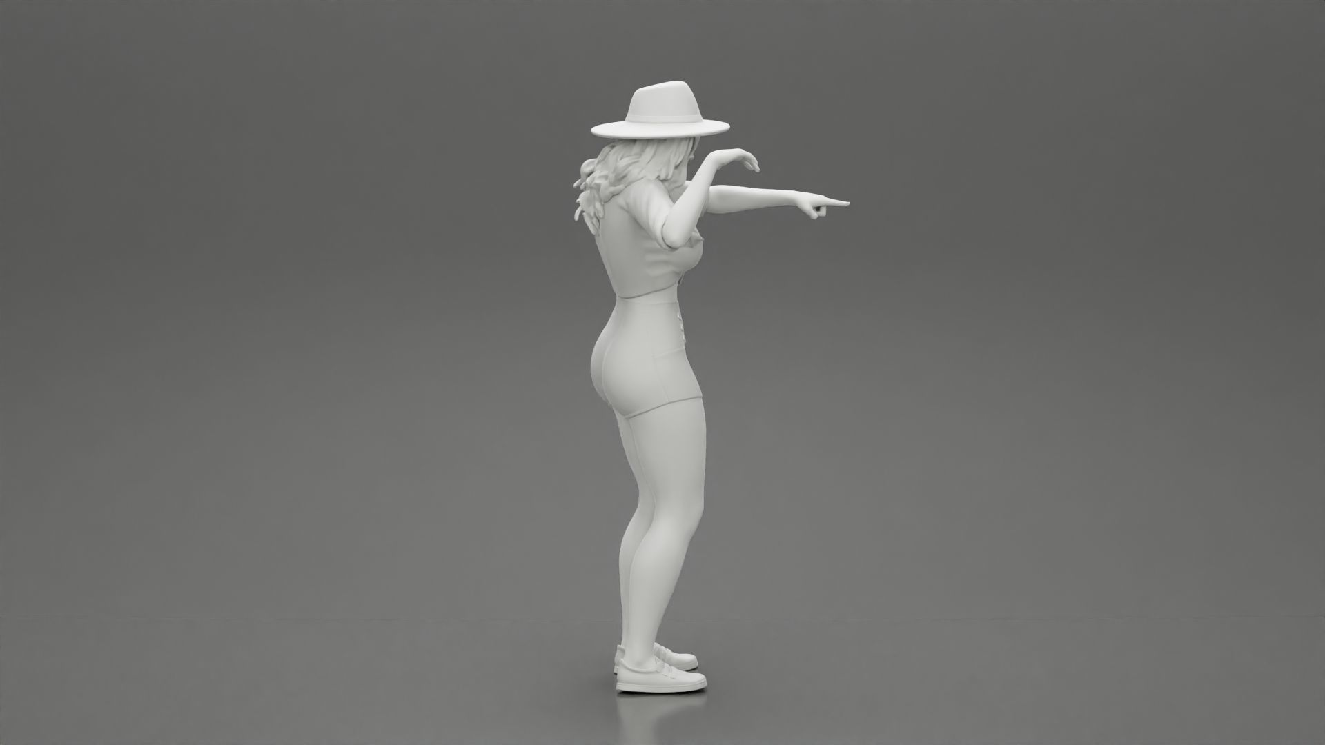 Travel woman in hat and short pointing her next destination 3D print model_8