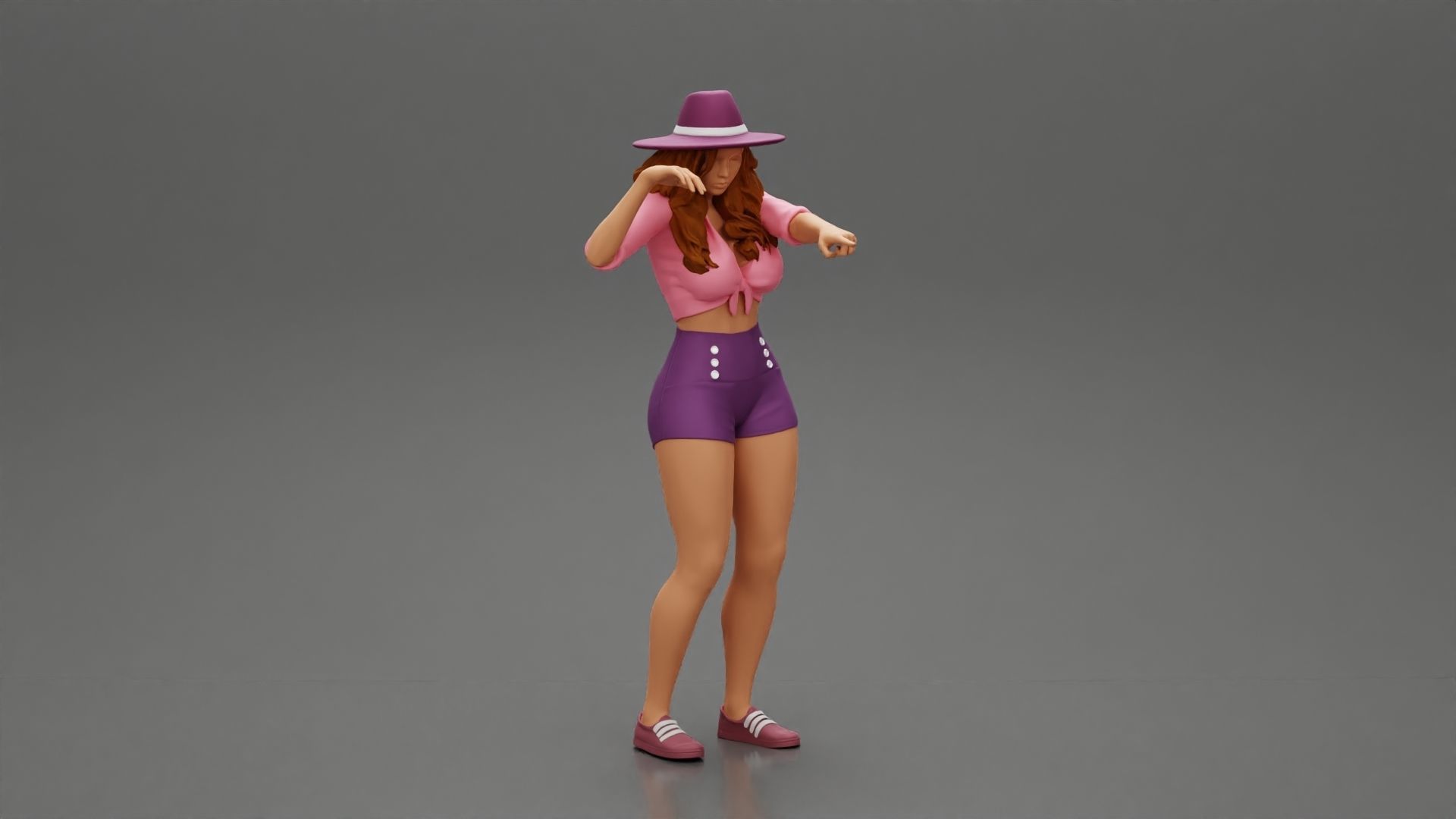Travel woman in hat and short pointing her next destination 3D print model_1