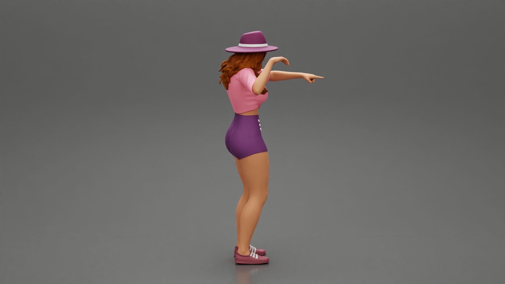 Travel woman in hat and short pointing her next destination 3D print model_2