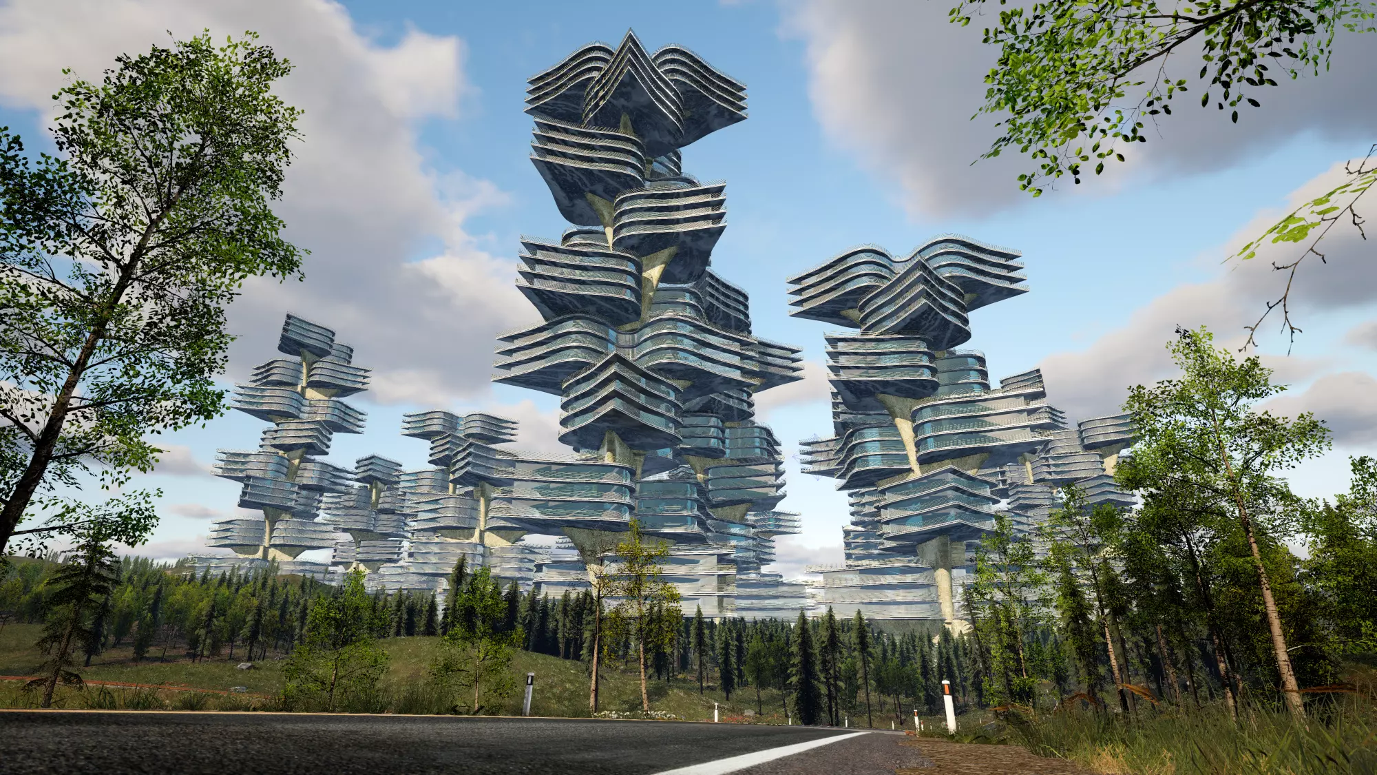 curve flower future building Low-poly 3D model_0