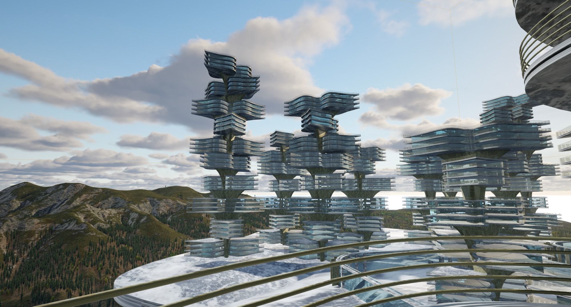 curve flower future building Low-poly 3D model_2