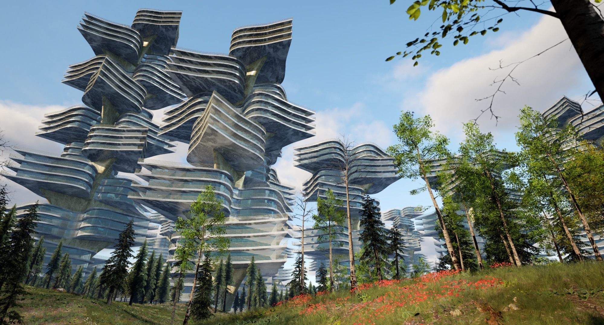 curve flower future building Low-poly 3D model_4