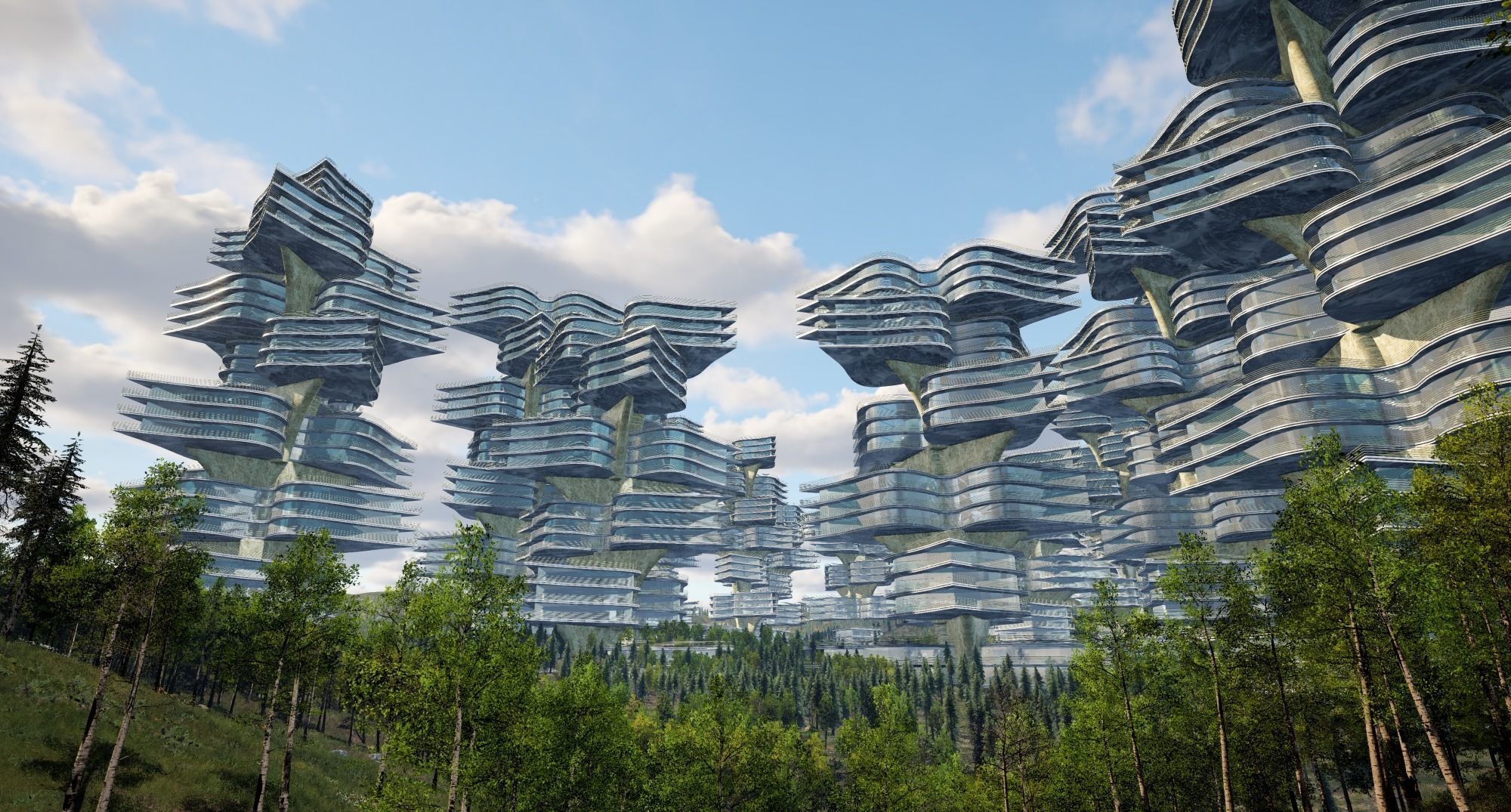 curve flower future building Low-poly 3D model_3