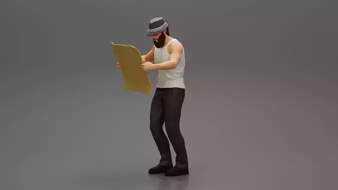 Young Man in hat with beard Holding Map And Looking At it 