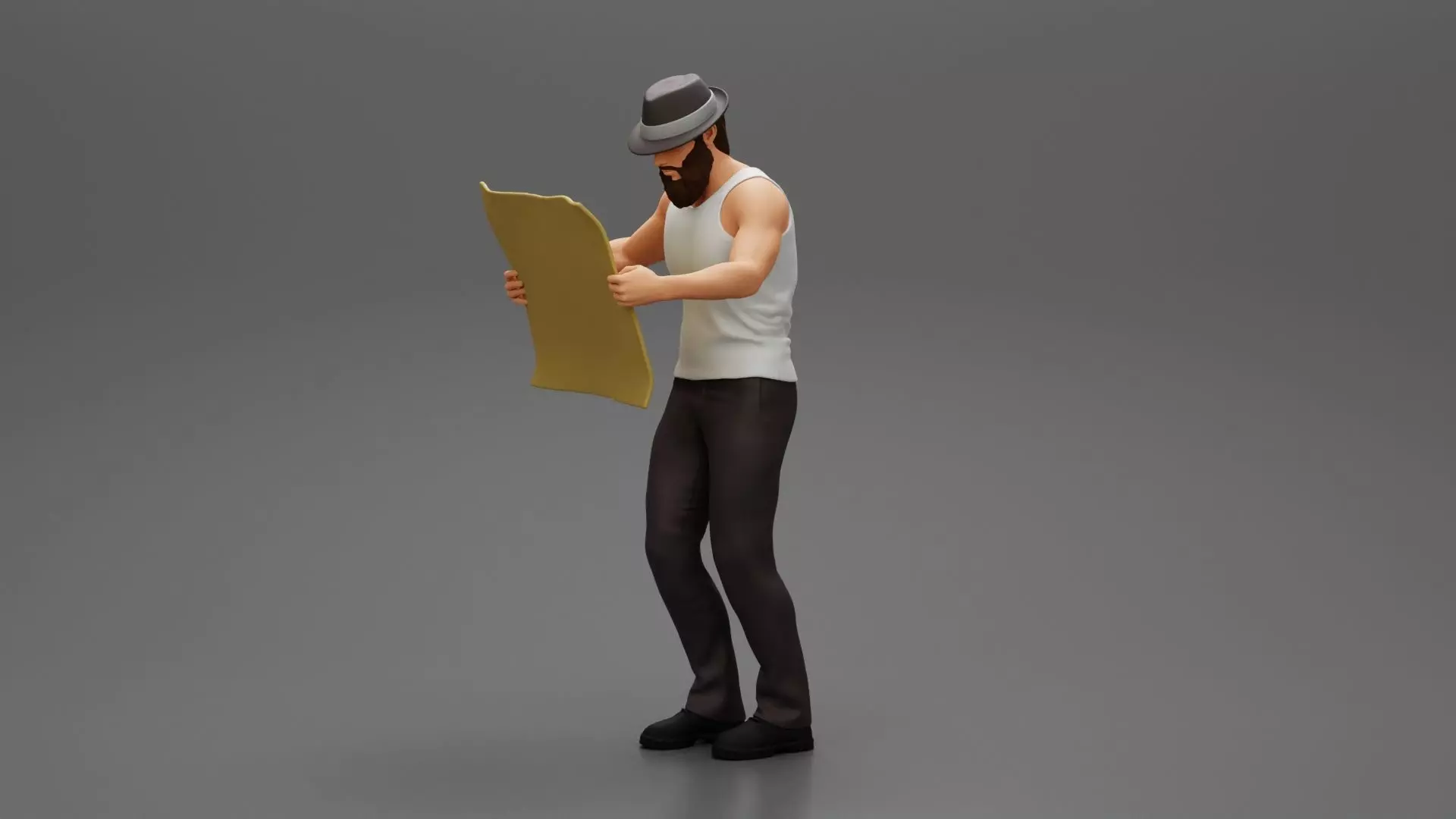 Young Man in hat with beard Holding Map And Looking At it  3D print model_0