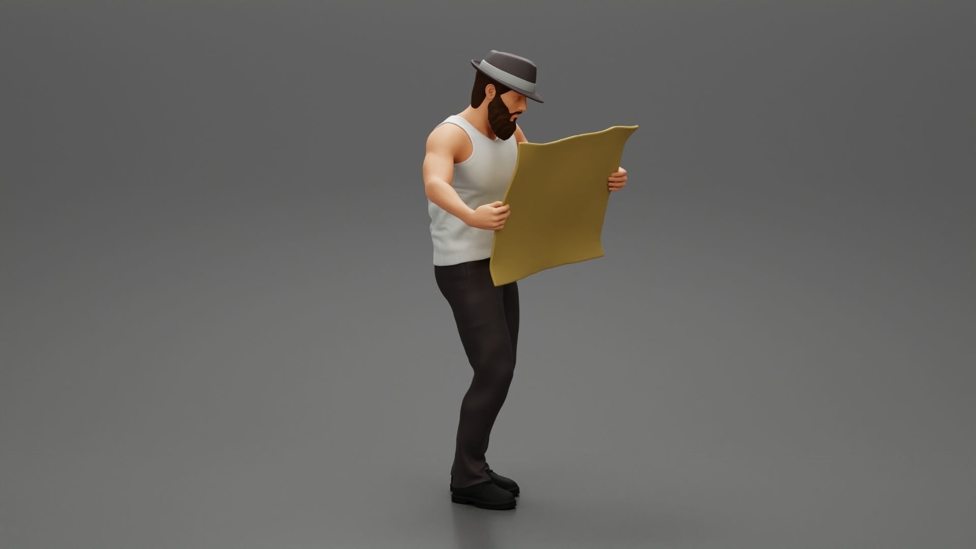 Young Man in hat with beard Holding Map And Looking At it  3D print model_2