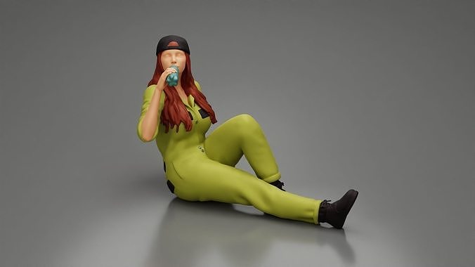 Tired woman mechanic in suit cap sitting drinking water 3D print model